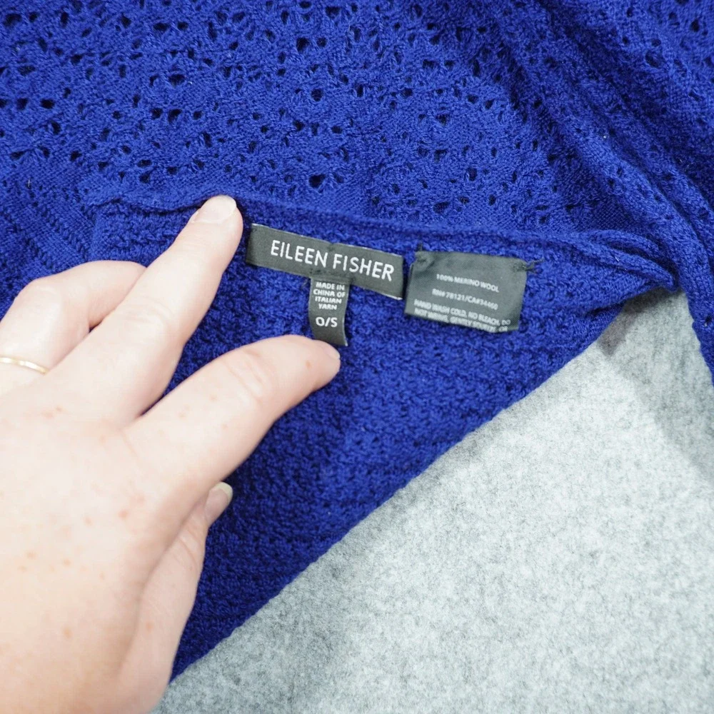 Eileen Fisher Royal Blue 100% Merino Wool Pointelle Knit Wrap Scarf OS